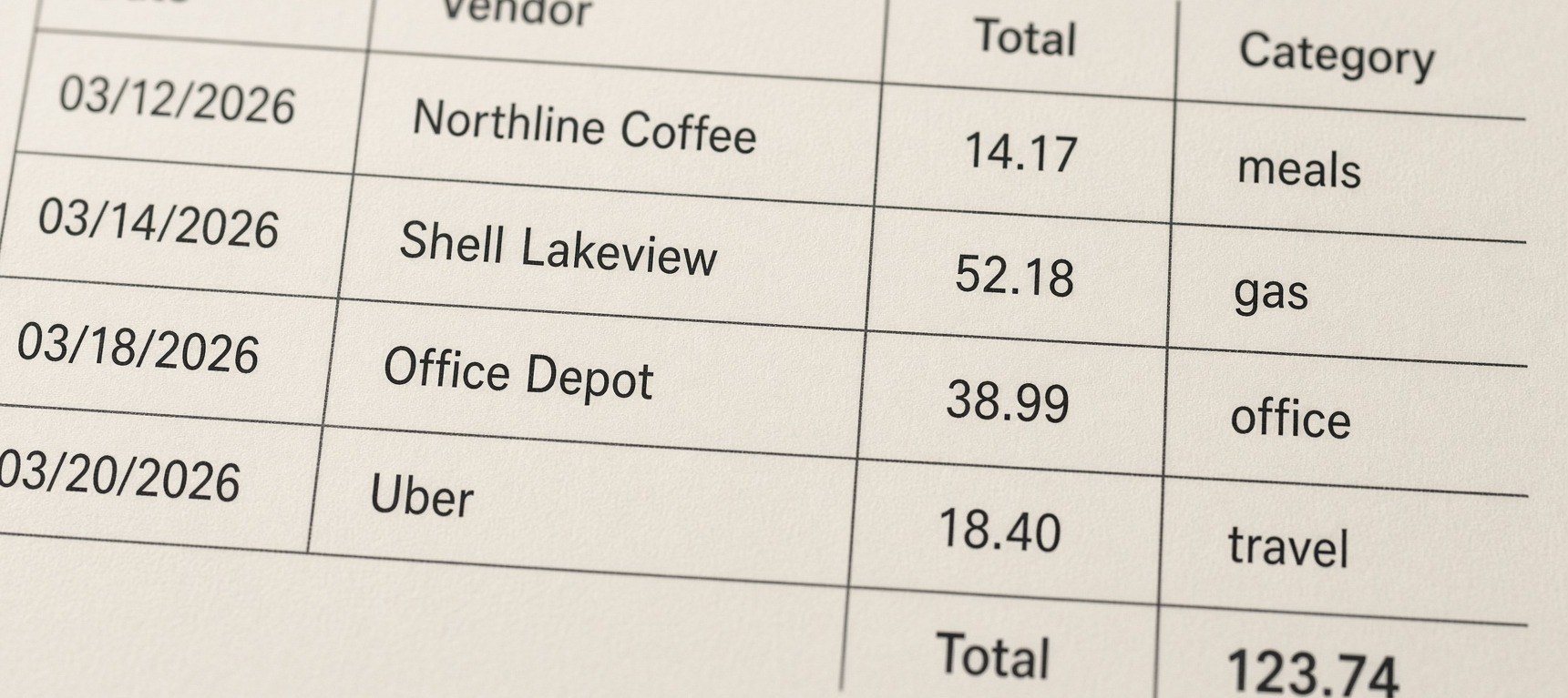 Spreadsheet of receipt rows totaling 123.74 after converting receipts to Excel